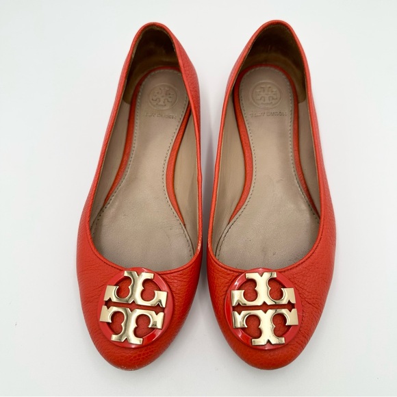 Tory Burch CLAIRE Ballerina Ballet Flat Shoe Samba Leather Logo Orange - Picture 2 of 9